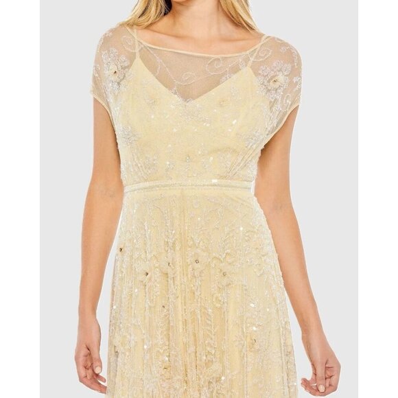 MAC DUGGAL Size 14 Yellow 70274 Embellished Illusion Cap Sleeve Formal Gown $598 - Picture 2 of 11